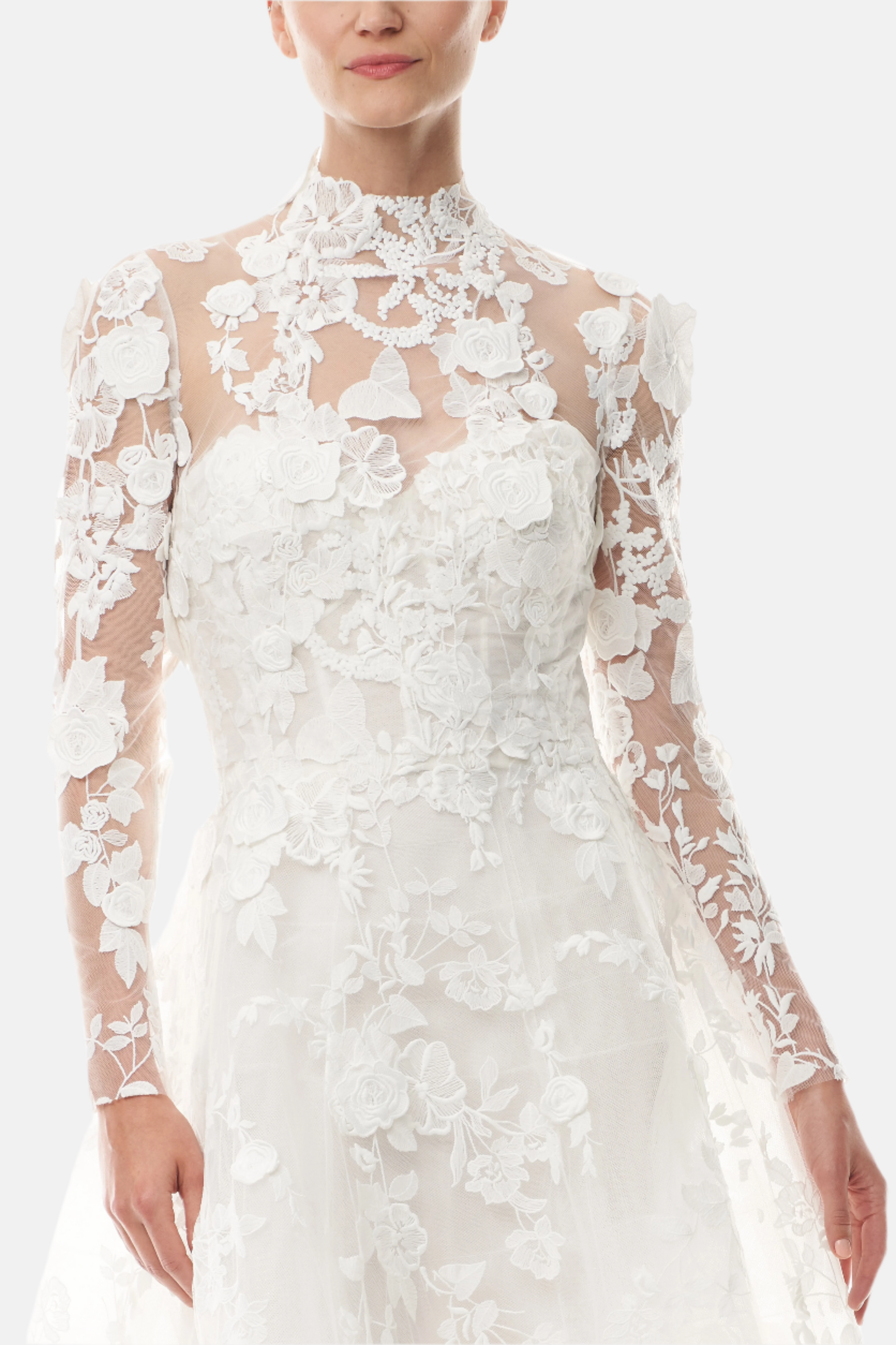 Monique Lhuillier silk white lace jacket with high neck and hook and eye closure - front crop.