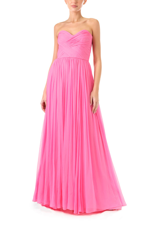 Monique Lhuillier Fall 2024 strapless pink chiffon gown with sweetheart neckline - front.