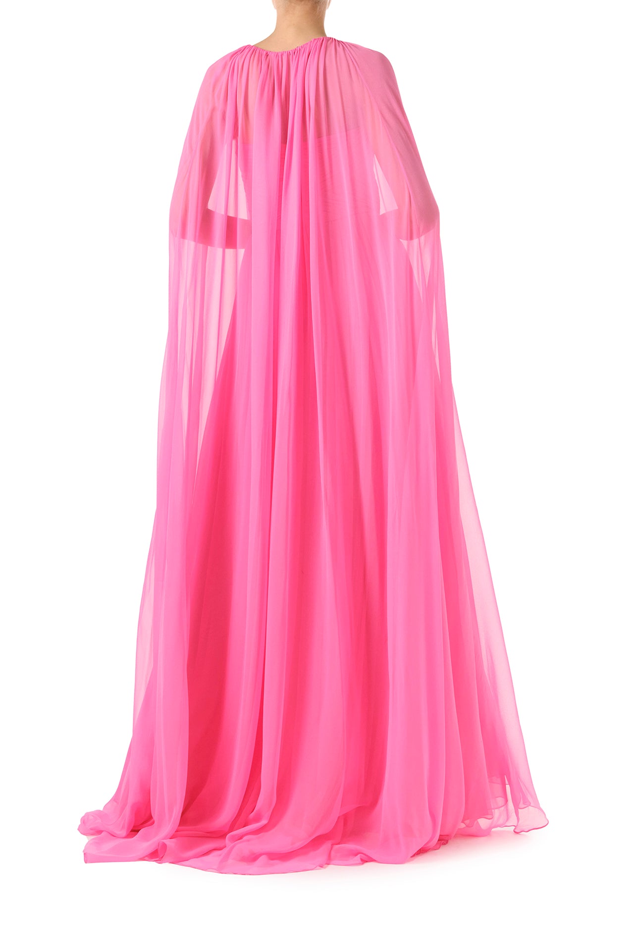 Monique Lhuillier Fall 2024 floor length, sheer pink chiffon  cape - back.