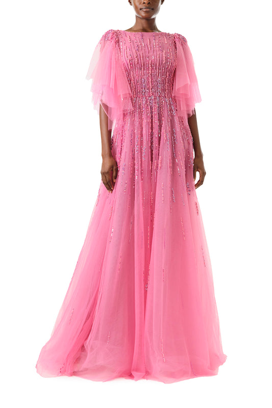 Monique Lhuillier Fall 2024 Dahlia pink, embroidered tulle flutter sleeve gown with jewel neckline - front.