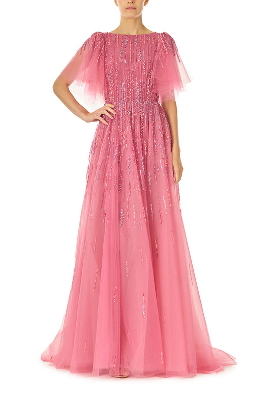 Monique Lhuillier Fall 2024 dahlia pink, embroidered tulle flutter sleeve gown with jewel neckline - front.
