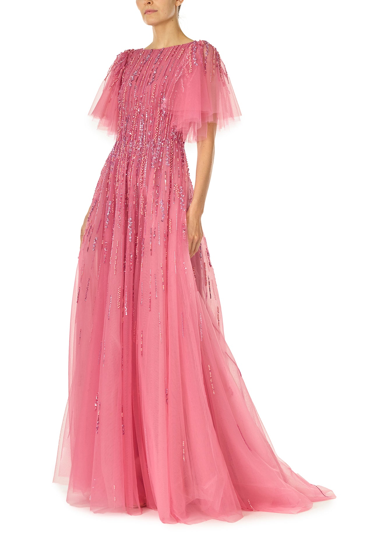 Monique Lhuillier Fall 2024 dahlia pink, embroidered tulle flutter sleeve gown with jewel neckline - left side.