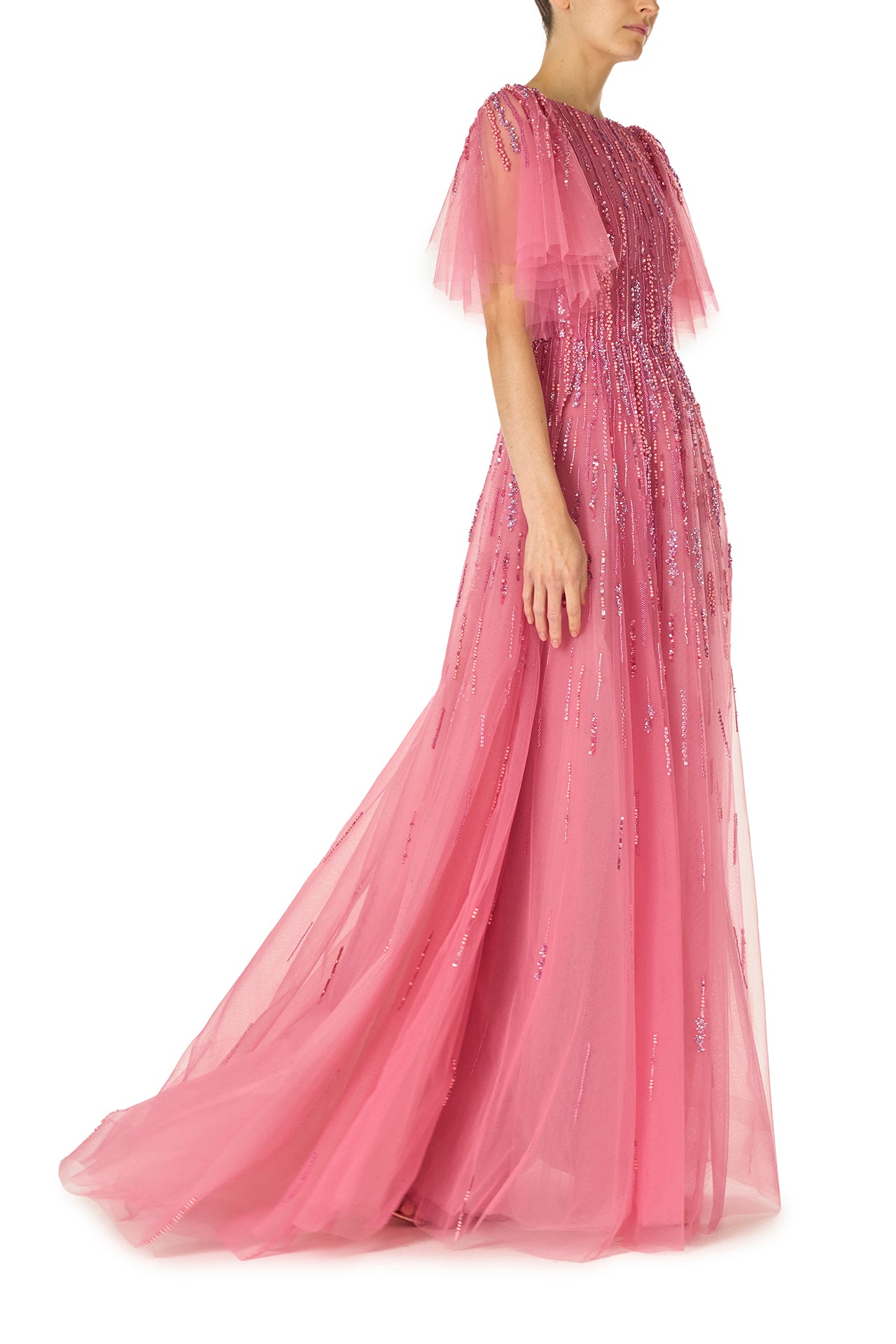 Monique Lhuillier Fall 2024 dahlia pink, embroidered tulle flutter sleeve gown with jewel neckline - right side.