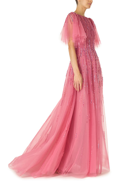 Monique Lhuillier Fall 2024 dahlia pink, embroidered tulle flutter sleeve gown with jewel neckline - right side.