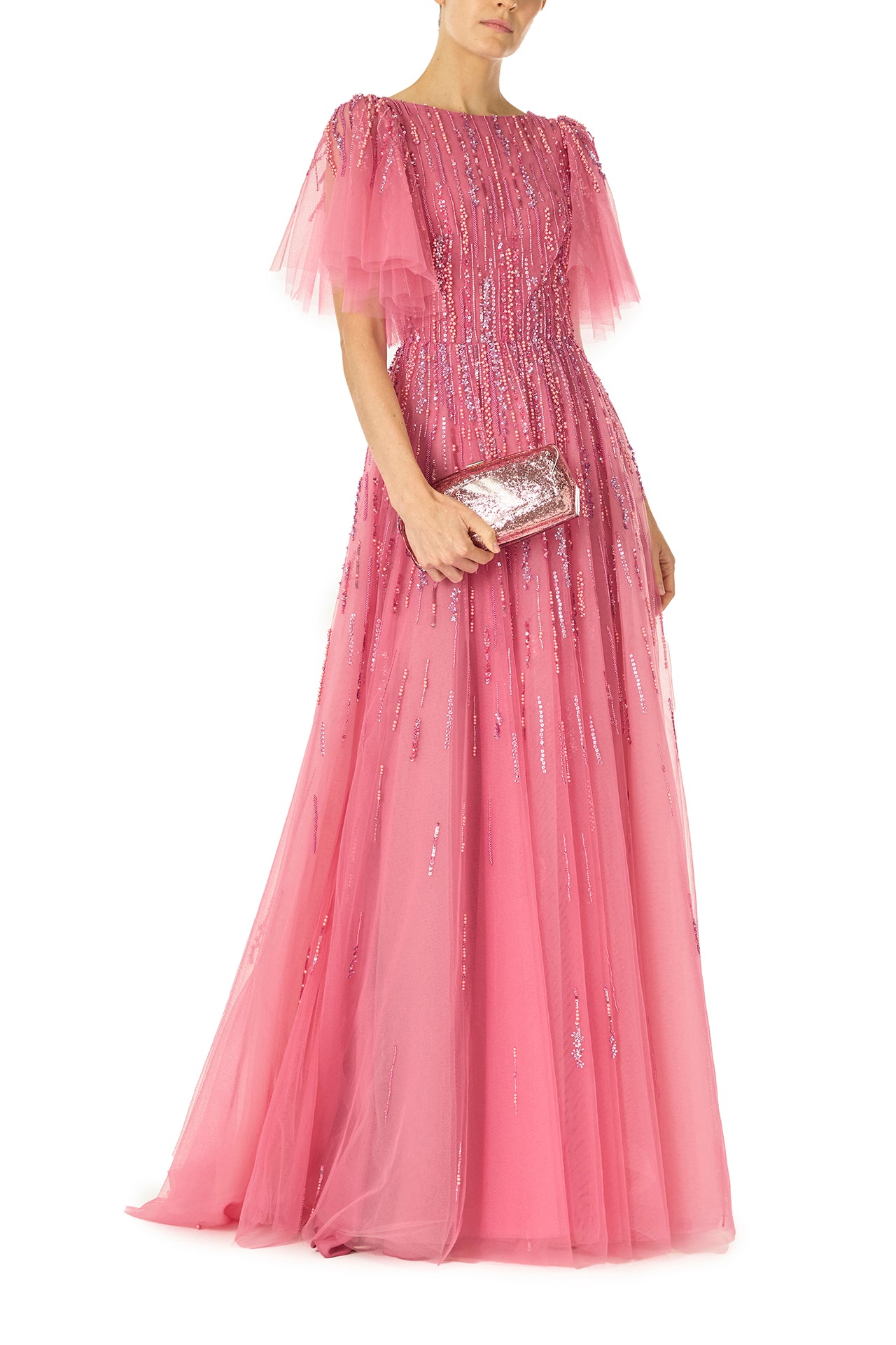 Monique Lhuillier Fall 2024 dahlia pink, embroidered tulle flutter sleeve gown with jewel neckline - front with Viv handbag.