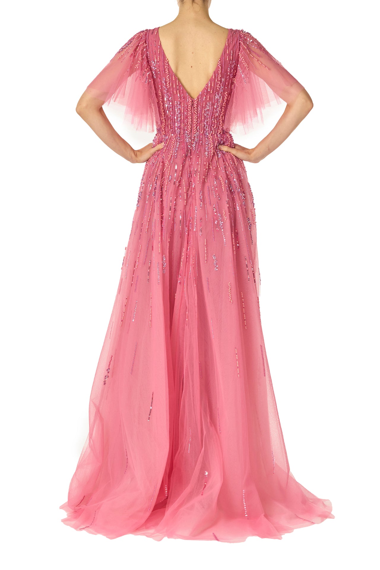 Monique Lhuillier Fall 2024 dahlia pink, embroidered tulle flutter sleeve gown with jewel neckline - back.