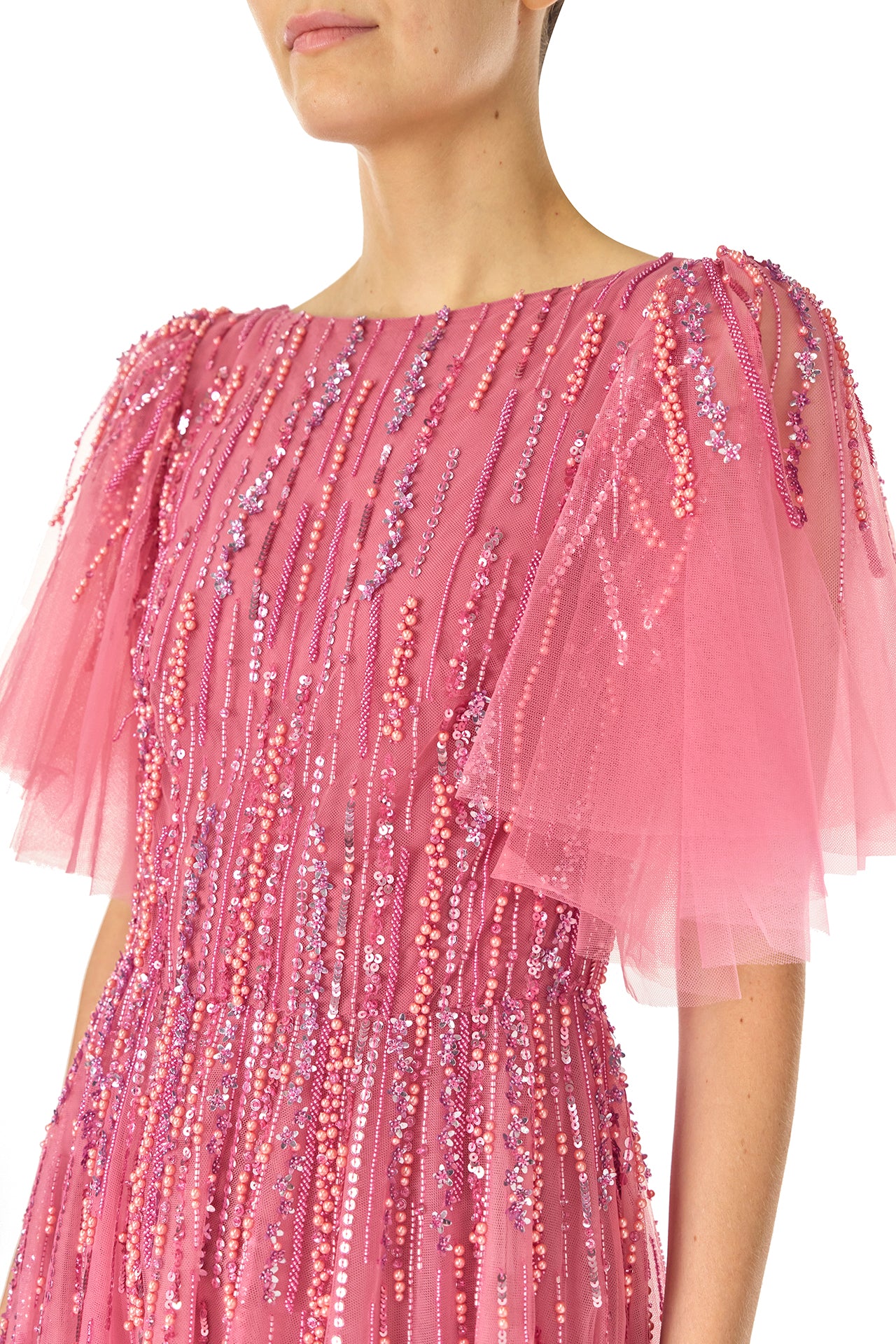 Monique Lhuillier Fall 2024 dahlia pink, embroidered tulle flutter sleeve gown with jewel neckline - fabric.