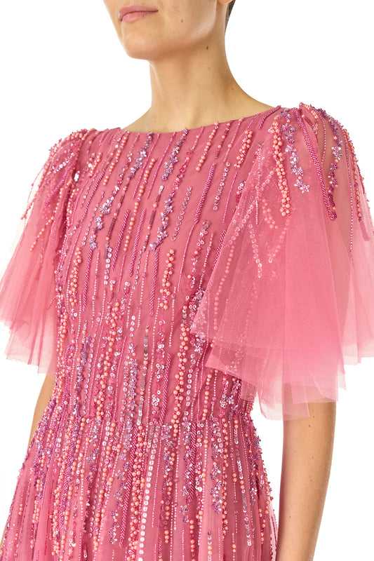 Monique Lhuillier Fall 2024 dahlia pink, embroidered tulle flutter sleeve gown with jewel neckline - fabric.