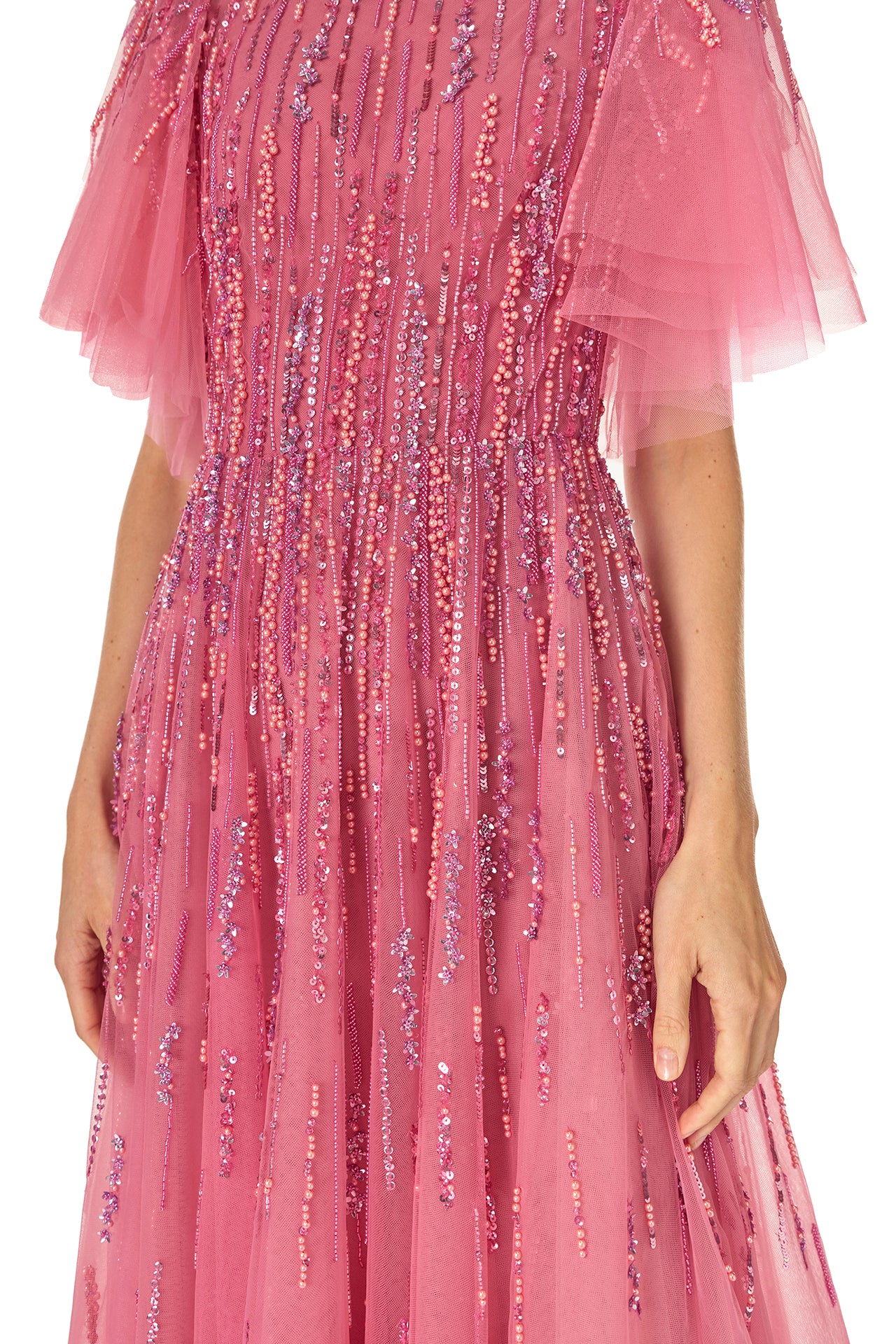 Monique Lhuillier Fall 2024 dahlia pink, embroidered tulle flutter sleeve gown with jewel neckline - fabric detail.