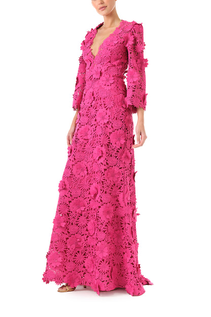 Monique Lhuillier Fall 2024 bell sleeve, floor length gown with deep v-neckline in Fuchsia 3D Guipure Lace - left side.