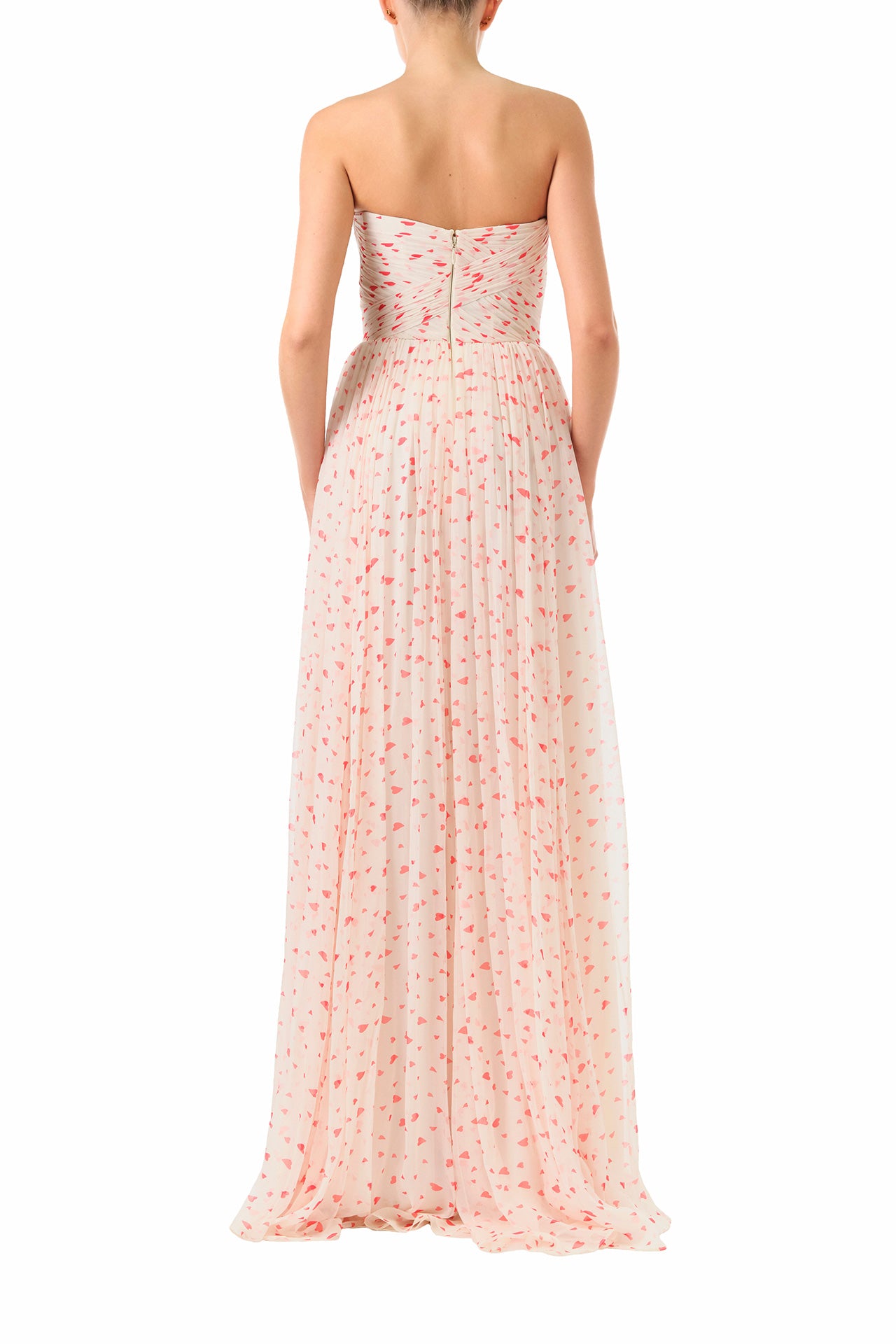 Monique Lhuillier Fall 2024 strapless chiffon gown with gathered sweetheart bodice in heart printed chiffon fabric - back.