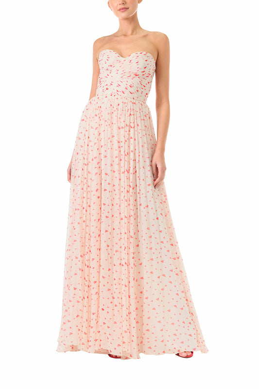 Monique Lhuillier Fall 2024 strapless chiffon gown with gathered sweetheart bodice in heart printed chiffon fabric - front.