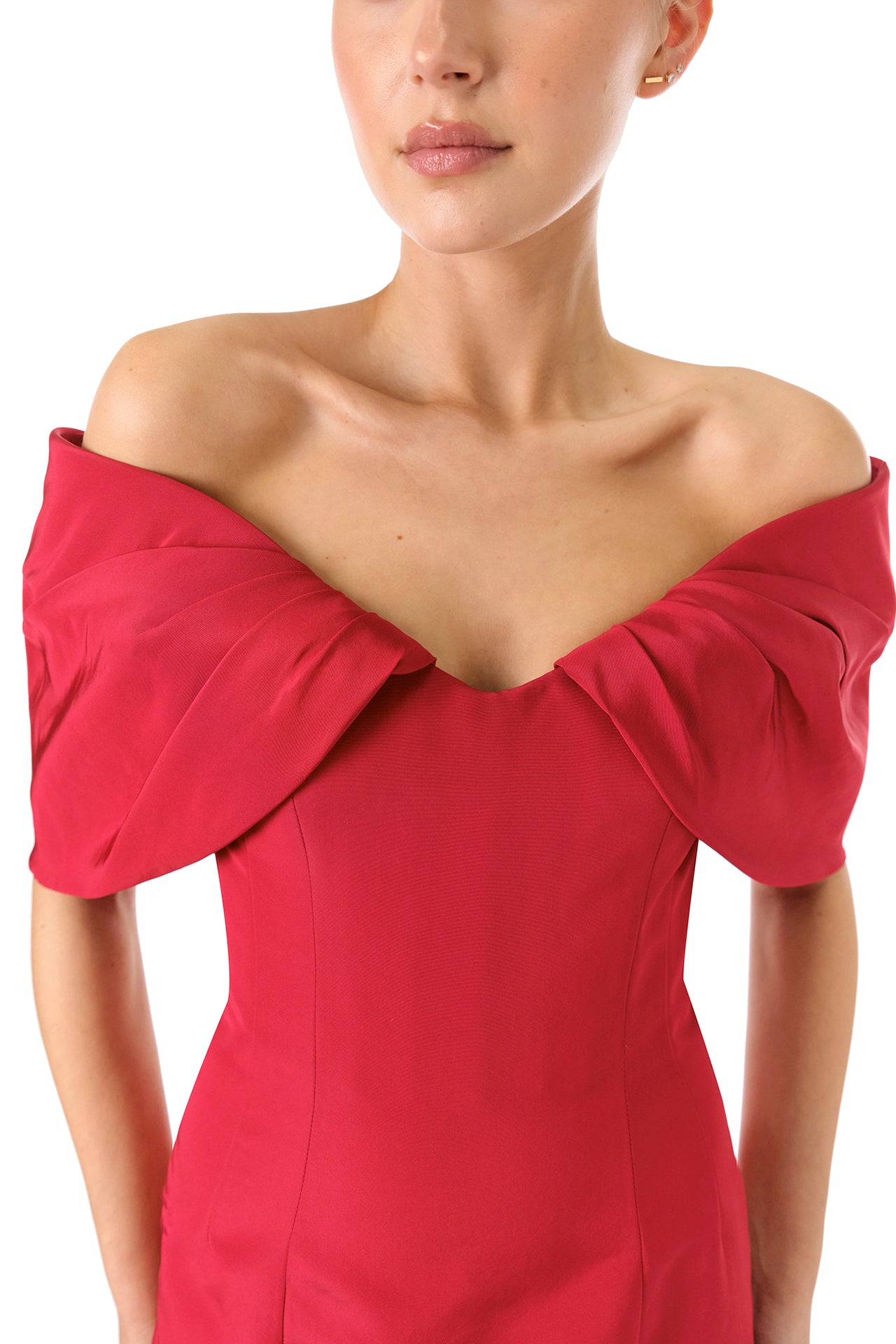 Monique Lhuillier Fall 2024 off-the-shoulder tea length column dress with draped neckline and bow-train in pomegranate silk faille - neckline.