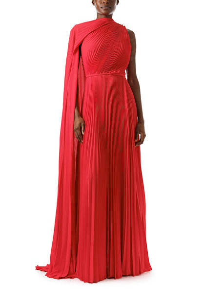 Monique Lhuillier Fall 2024 One shoulder gown with attached, asymmetric-pleated cape in Scarlet Georgette - front.