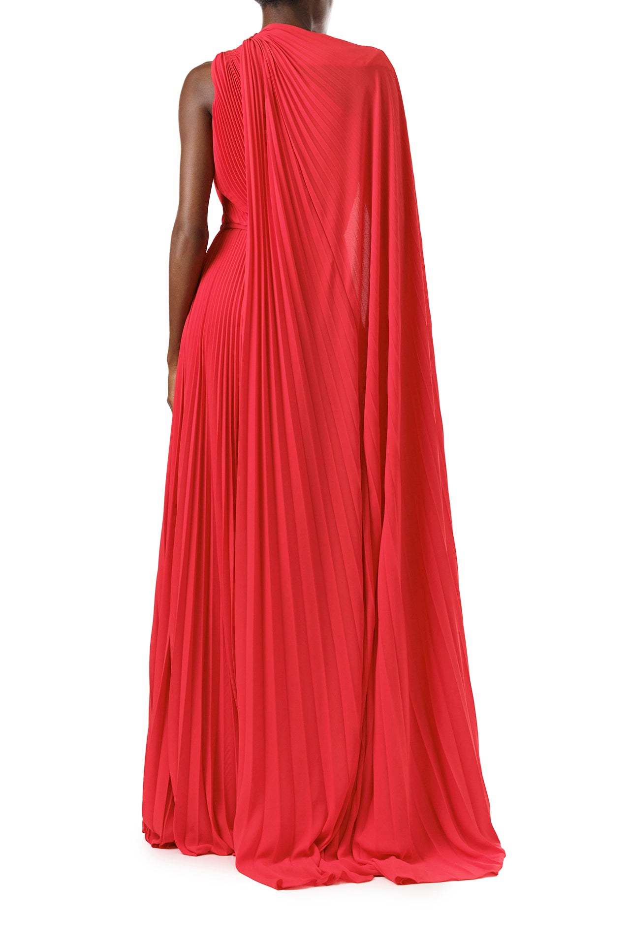 Monique Lhuillier Fall 2024 One shoulder gown with attached, asymmetric-pleated cape in Scarlet Georgette - back.