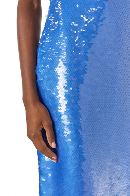 Monique Lhuillier Fall. 2024 strapless, midi-length column dress in Sky Blue sequins - fabric detail.