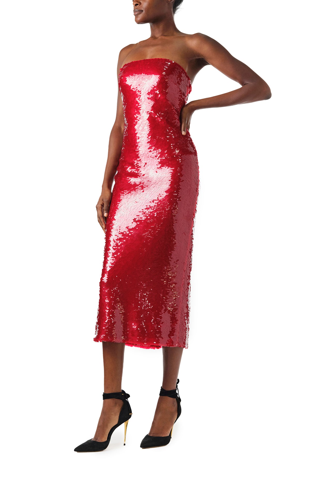 Monique Lhuillier Fall 2024 Strapless, column cocktail dress in Scarlet sequin - left side.