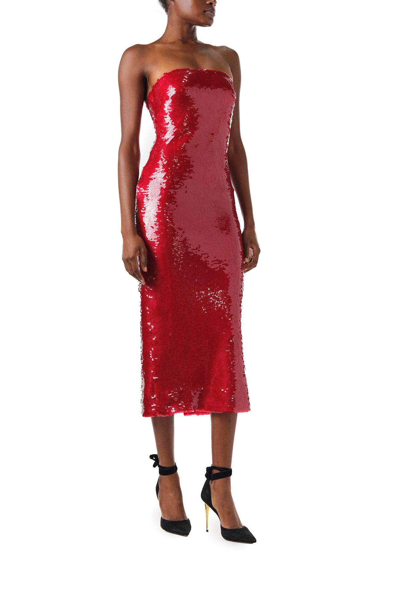 Monique Lhuillier Fall 2024 Strapless, column cocktail dress in Scarlet sequin - right side.