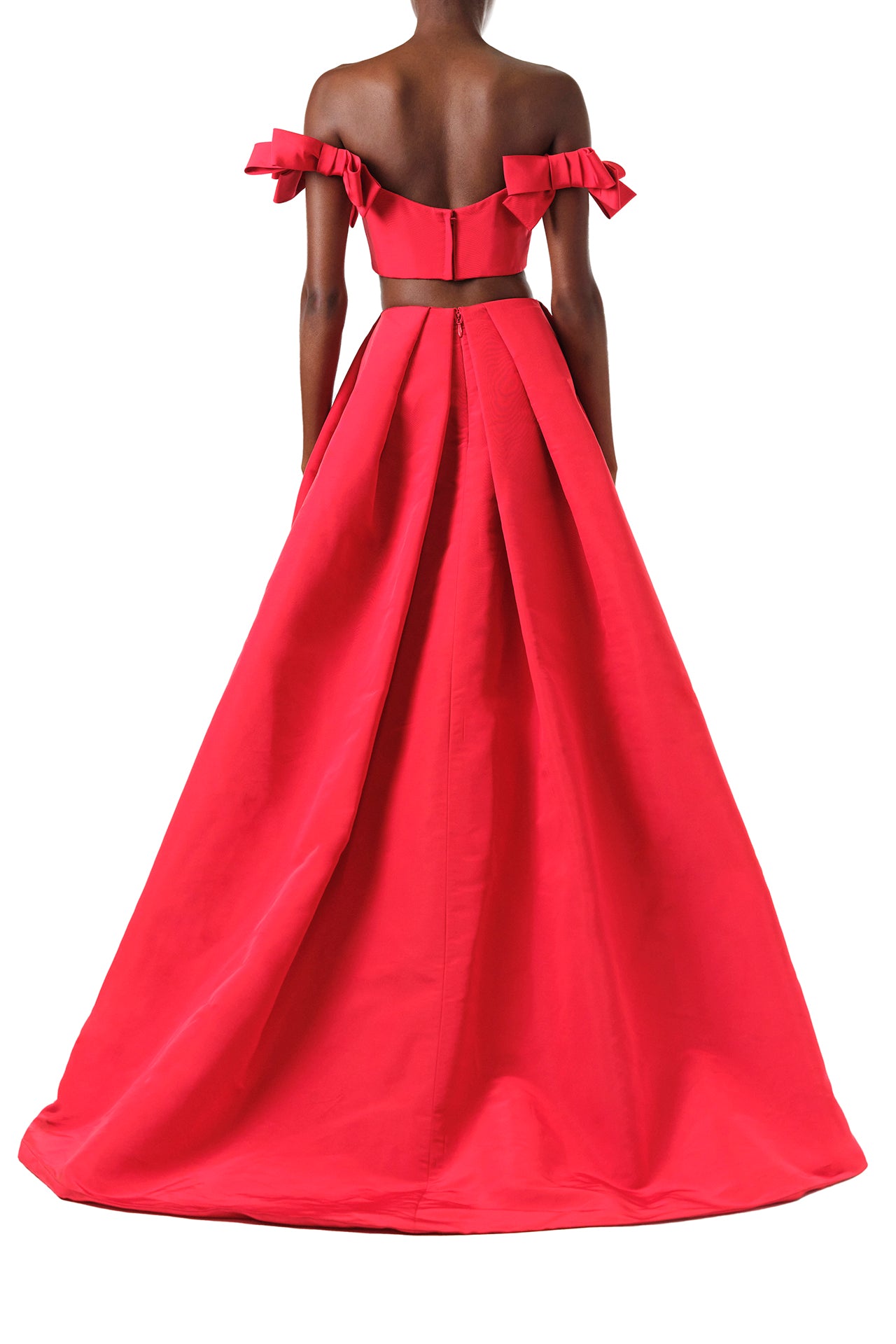 Monique Lhuillier Fall 2024 scarlet faille, off the shoulder, cropped bandeau top with bow sleeves - back.