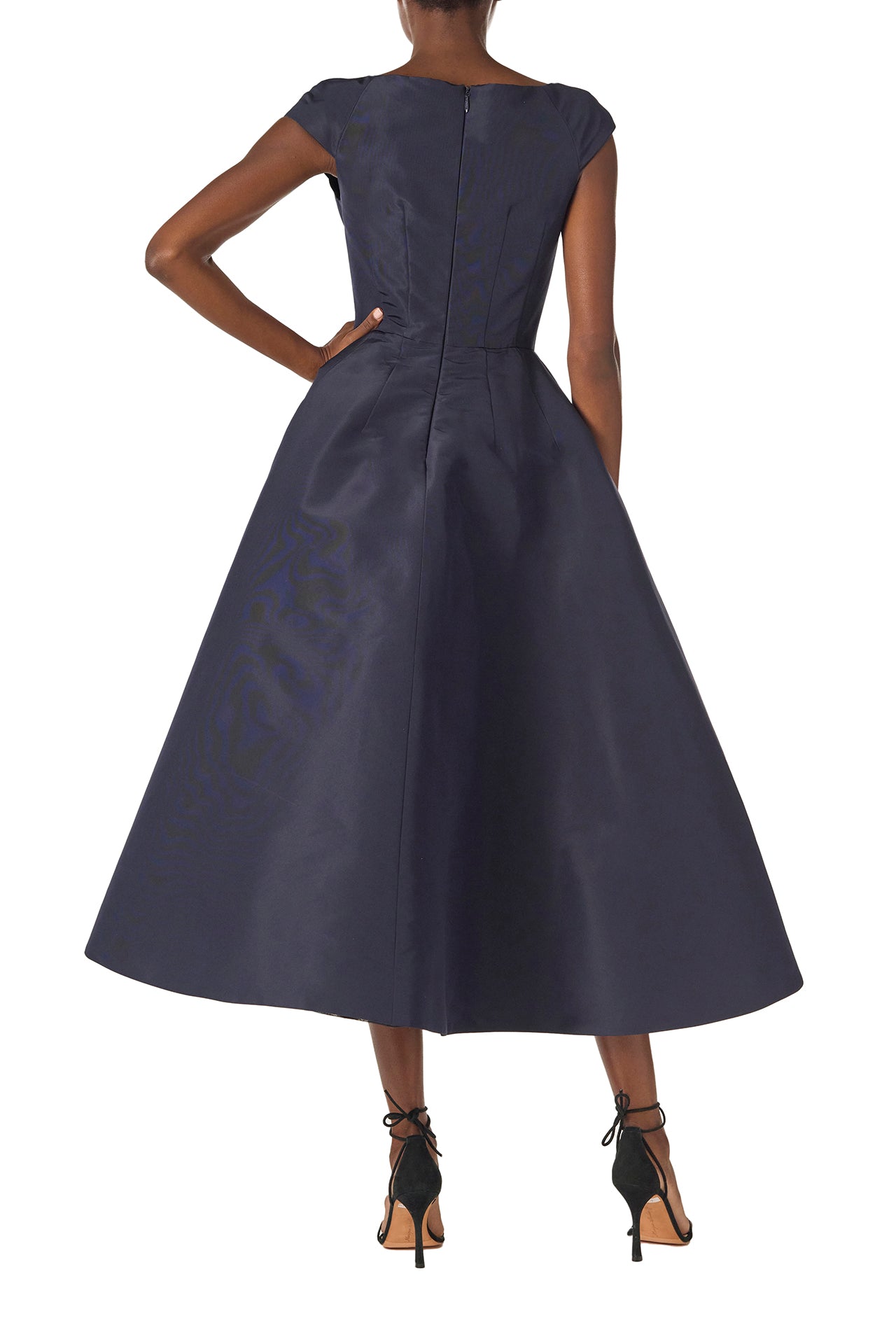 Monique Lhuillier Fall 2024 Bateau neck, cap sleeve dress with full tea length skirt in night sky silk faille - back.