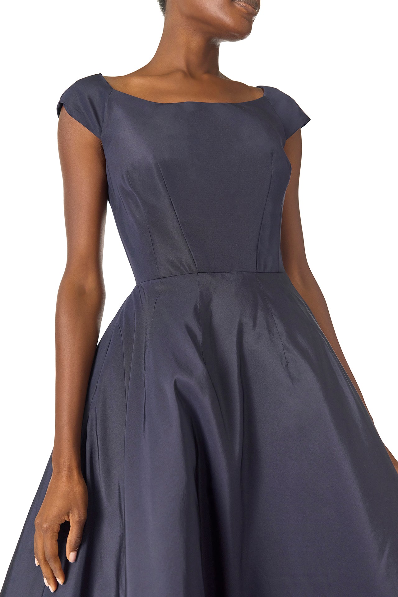Monique Lhuillier Fall 2024 Bateau neck, cap sleeve dress with full tea length skirt in night sky silk faille - neckline.