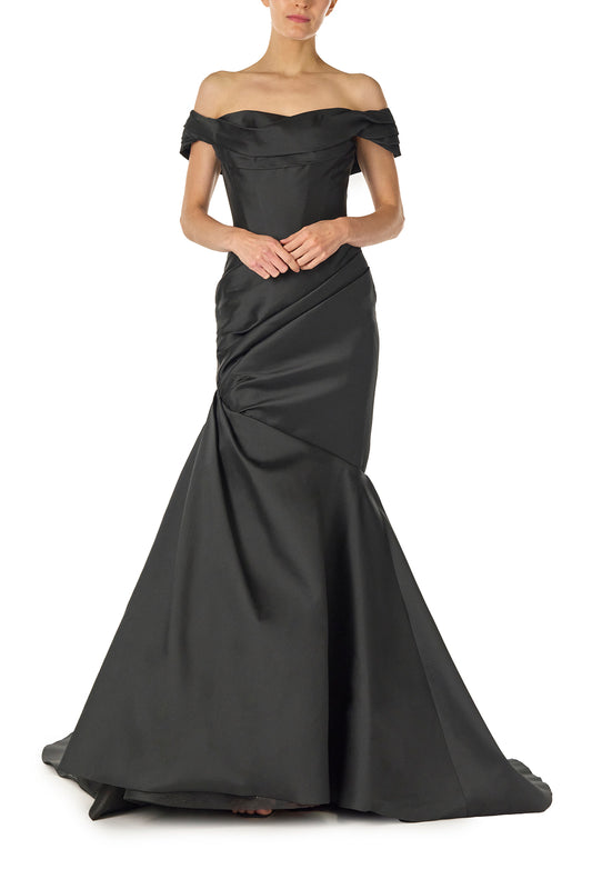 Monique Lhuillier Fall 2024 off-the-shoulder, draped gown with trumpet skirt and low back - front.