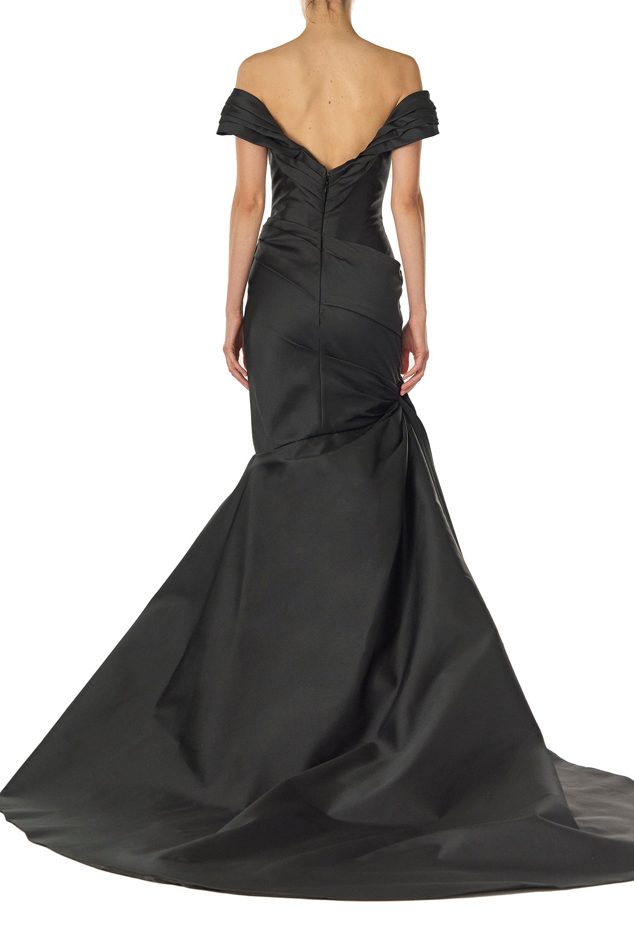 Monique Lhuillier Fall 2024 off-the-shoulder, draped gown with trumpet skirt and low back - back.