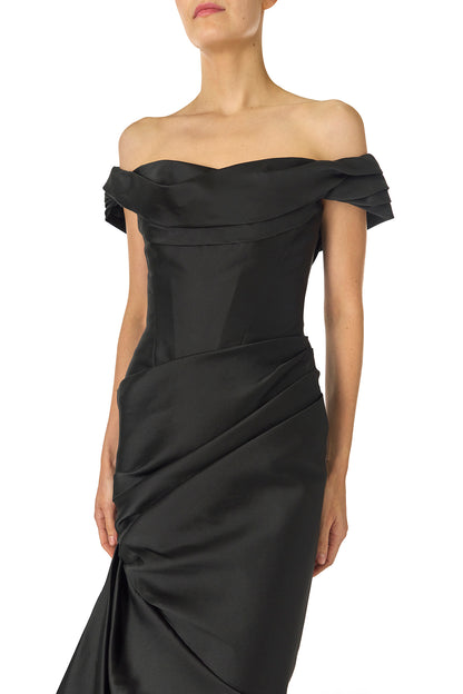 Monique Lhuillier Fall 2024 off-the-shoulder, draped gown with trumpet skirt and low back - draping.