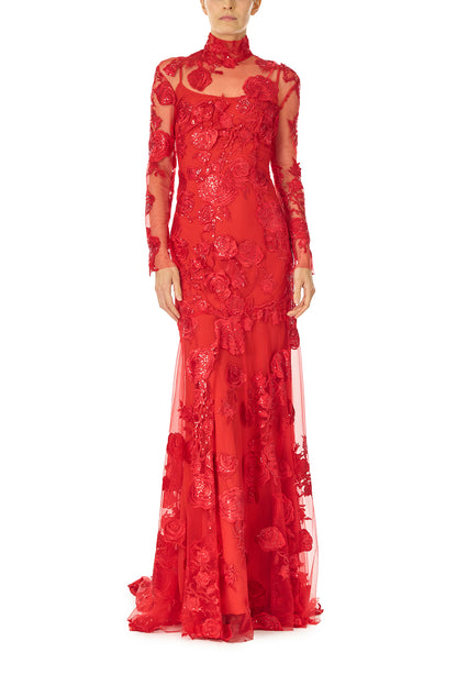 Monique Lhuillier Fall 2024 Scarlet red long sleeve embroidered tulle gown with high neckline and separate slip lining - front.