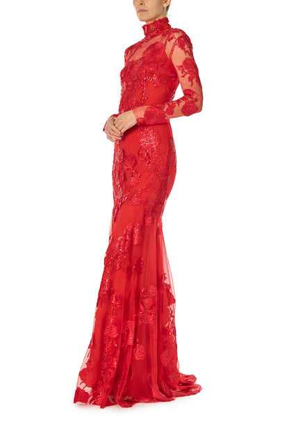 Monique Lhuillier Fall 2024 Scarlet red long sleeve embroidered tulle gown with high neckline and separate slip lining - left side.