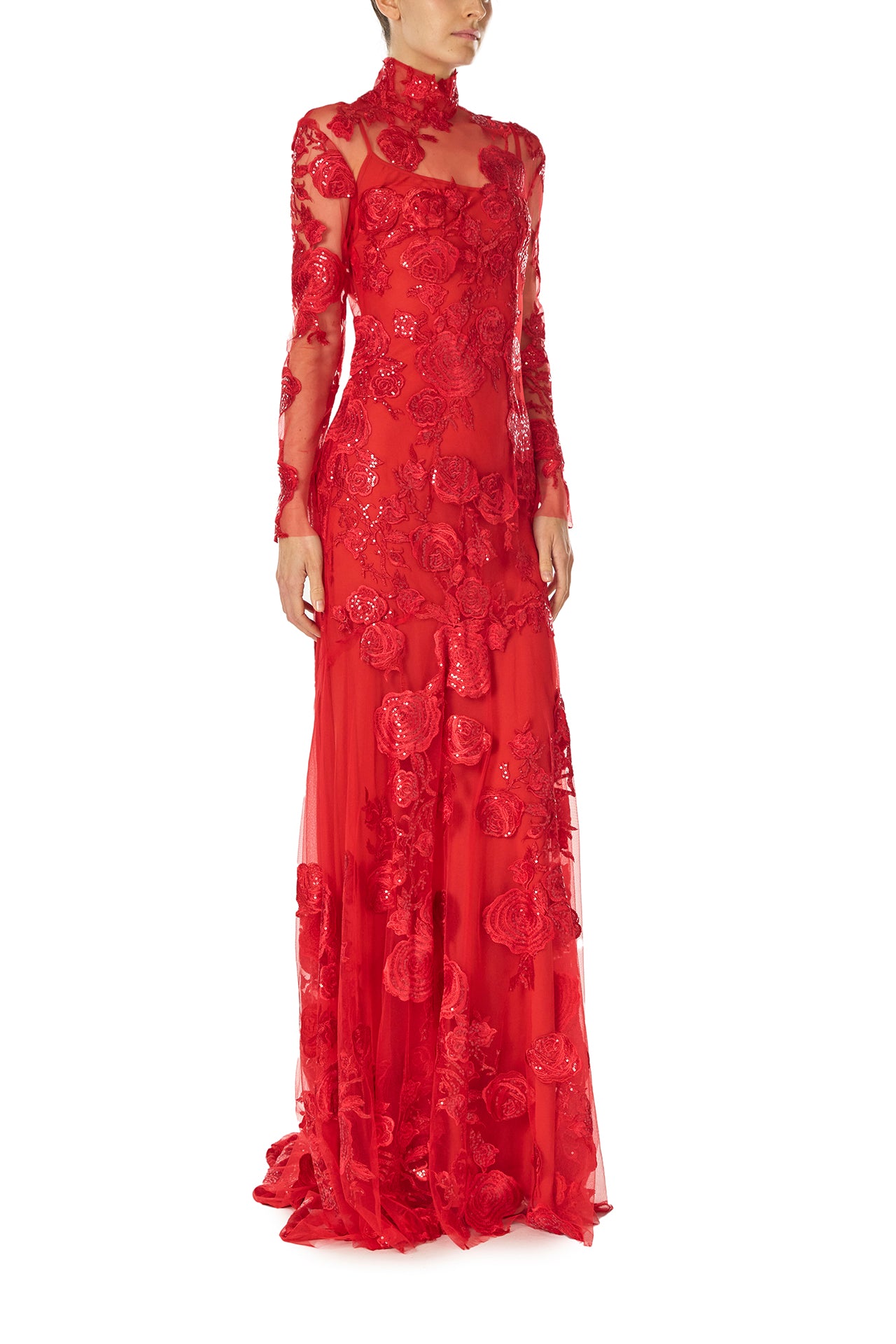 Monique Lhuillier Fall 2024 Scarlet red long sleeve embroidered tulle gown with high neckline and separate slip lining - right side.