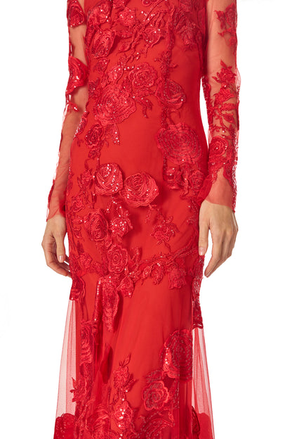 Monique Lhuillier Fall 2024 Scarlet red long sleeve embroidered tulle gown with high neckline and separate slip lining - fabric detail.