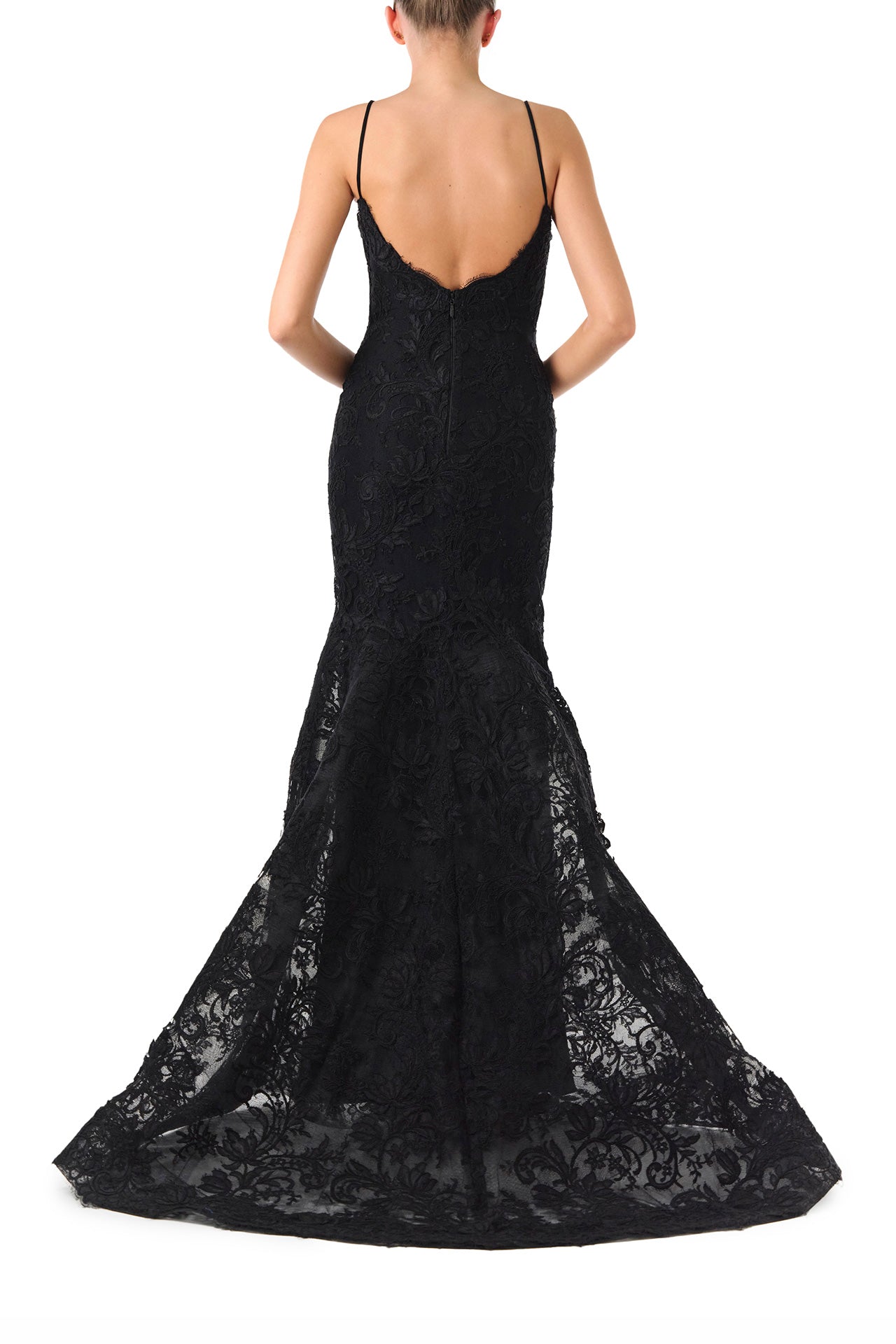 Monique Lhuillier Fall 2024 black lace, off-the-shoulder, draped gown with soft v-neck, spaghetti straps and caged trumpet skirt - video.