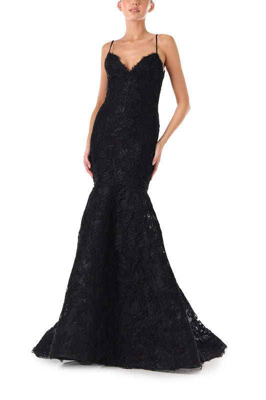 Monique Lhuillier Fall 2024 black lace, off-the-shoulder, draped gown with soft v-neck, spaghetti straps and caged trumpet skirt - front..