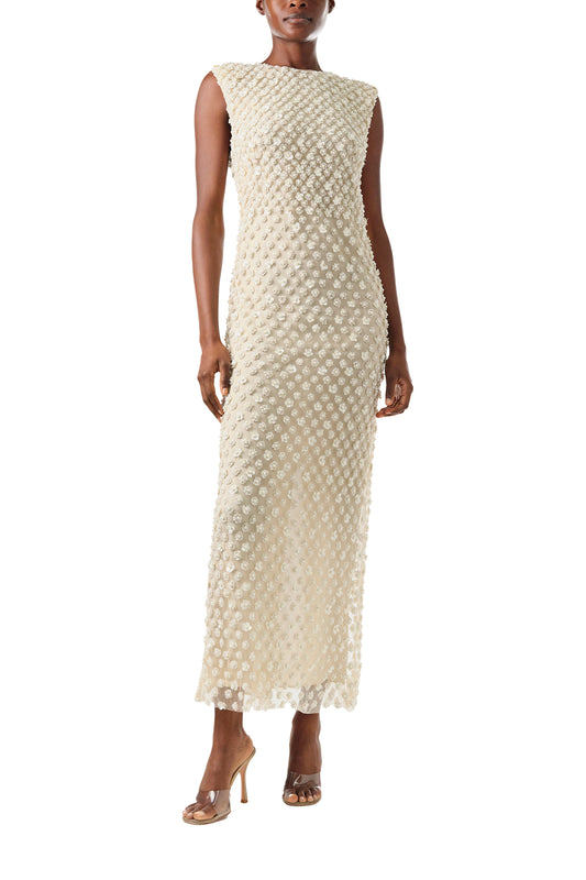 Monique Lhuillier Fall 2024 sleeveless, pearl embroidered sheath with jewel neckline - front.