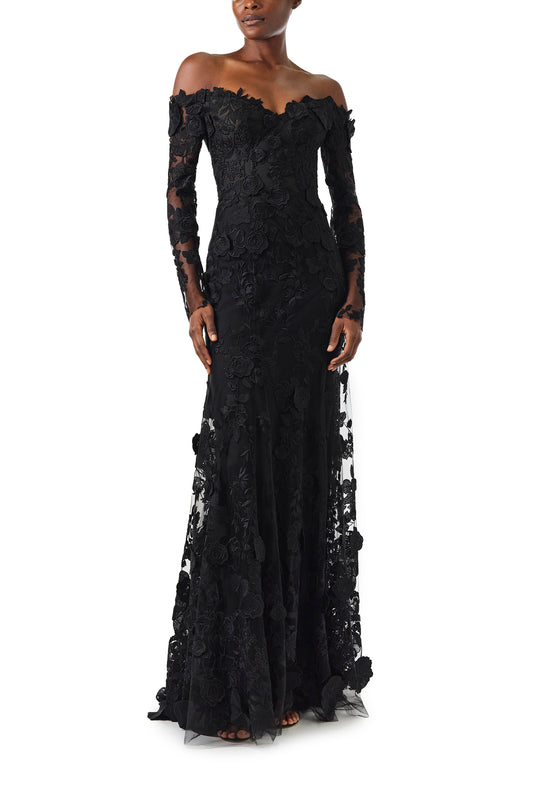 Monique Lhuillier Fall 2024 Long sleeve black lace trumpet gown with off-the-shoulder sweetheart neckline and unlined sleeves - front.