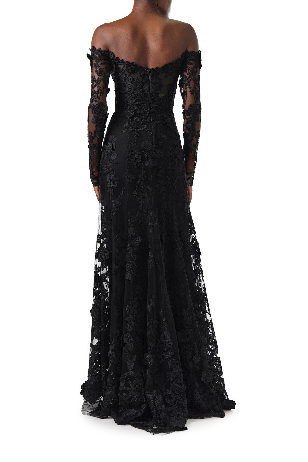 Monique Lhuillier Fall 2024 Long sleeve black lace trumpet gown with off-the-shoulder sweetheart neckline and unlined sleeves - back.