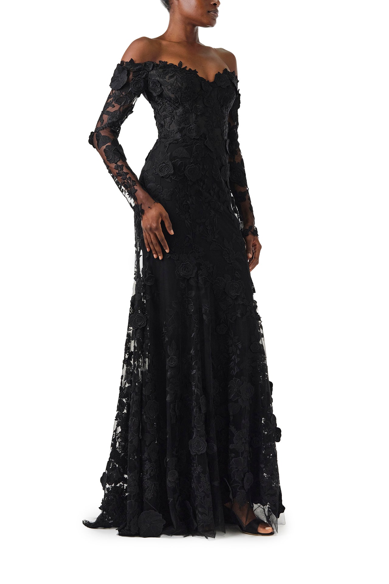 Monique Lhuillier Fall 2024 Long sleeve black lace trumpet gown with off-the-shoulder sweetheart neckline and unlined sleeves - side.