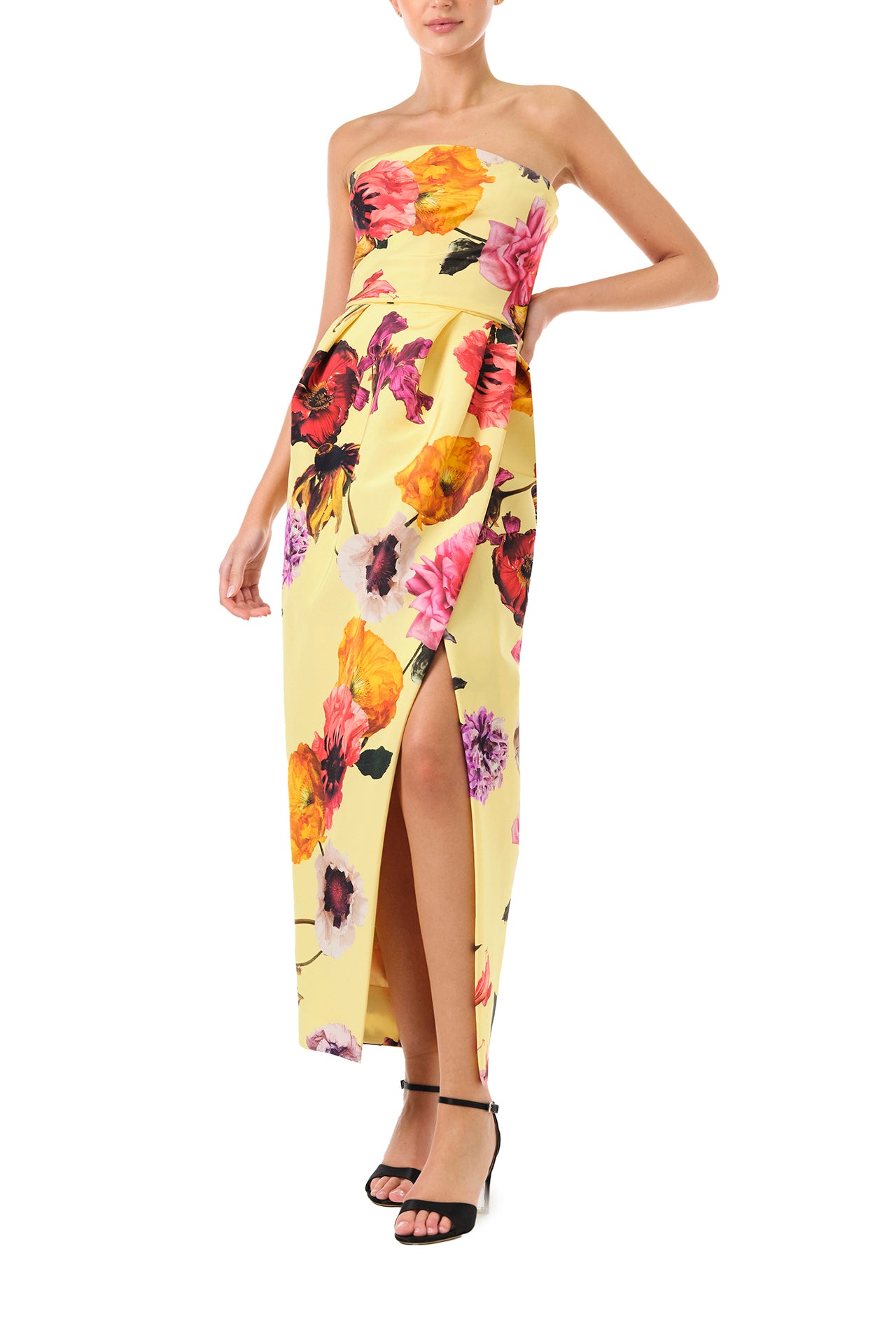 Monique Lhuillier Fall 2024 Strapless cocktail dress with draped front skirt and high leg slit in Soleil Floral printed silk faille - front.