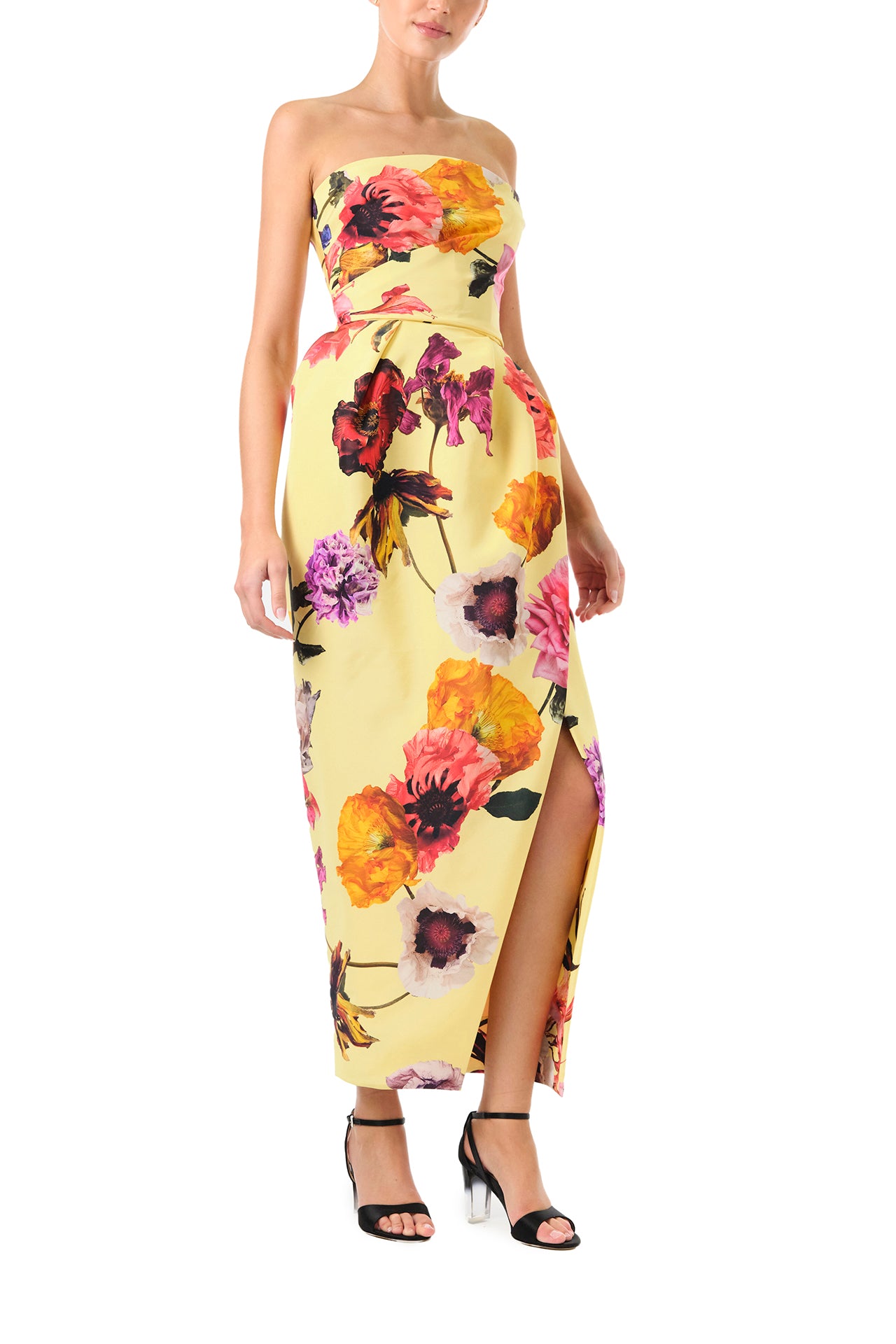 Monique Lhuillier Fall 2024 Strapless cocktail dress with draped front skirt and high leg slit in Soleil Floral printed silk faille - side.