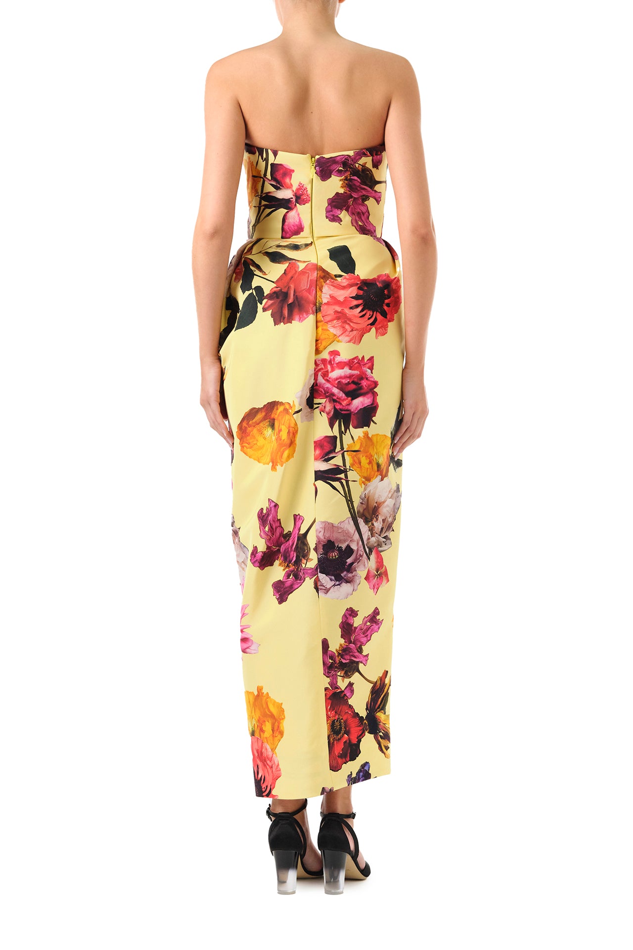 Monique Lhuillier Fall 2024 Strapless cocktail dress with draped front skirt and high leg slit in Soleil Floral printed silk faille - back.