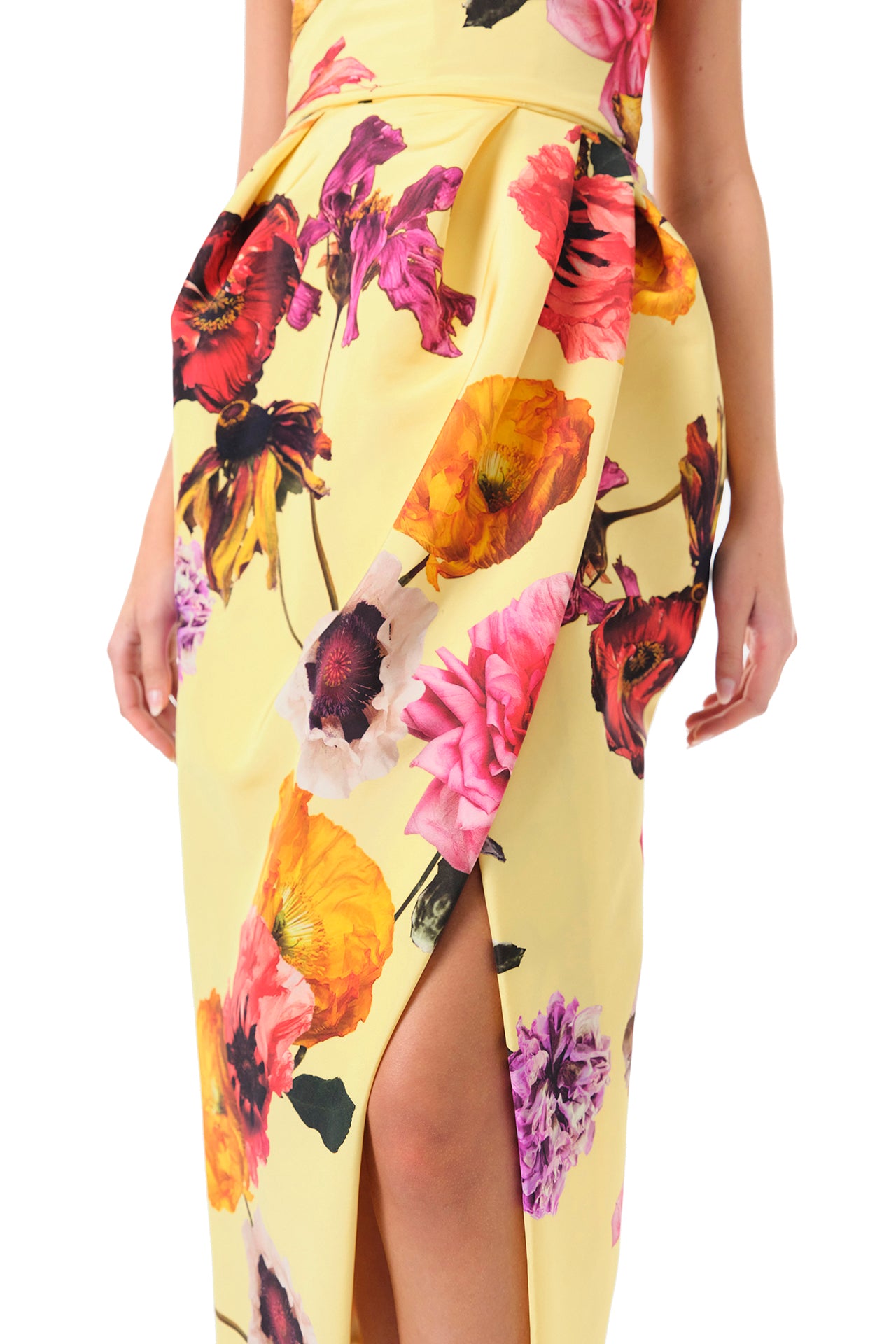 Monique Lhuillier Fall 2024 Strapless cocktail dress with draped front skirt and high leg slit in Soleil Floral printed silk faille - skirt.