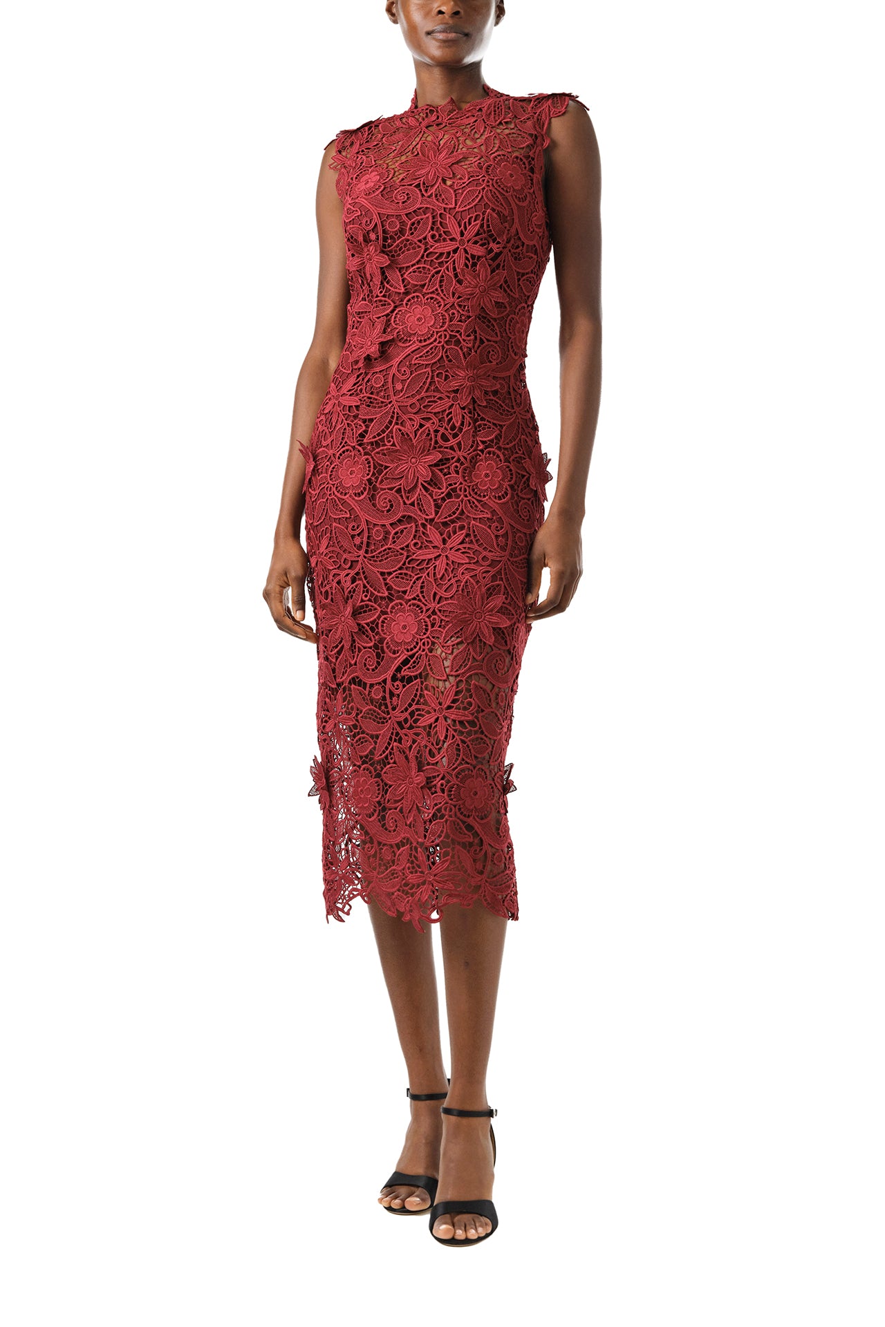 Monique Lhuillier Fall 2024 Sleeveless sheath with jewel neckline in Merlot Daisy Guipure Lace - front.