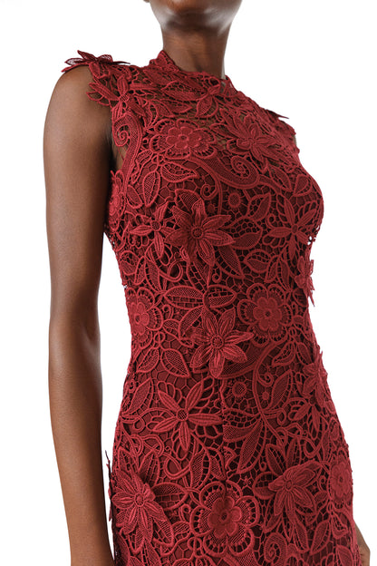 Monique Lhuillier Fall 2024 Sleeveless sheath with jewel neckline in Merlot Daisy Guipure Lace - fabric.