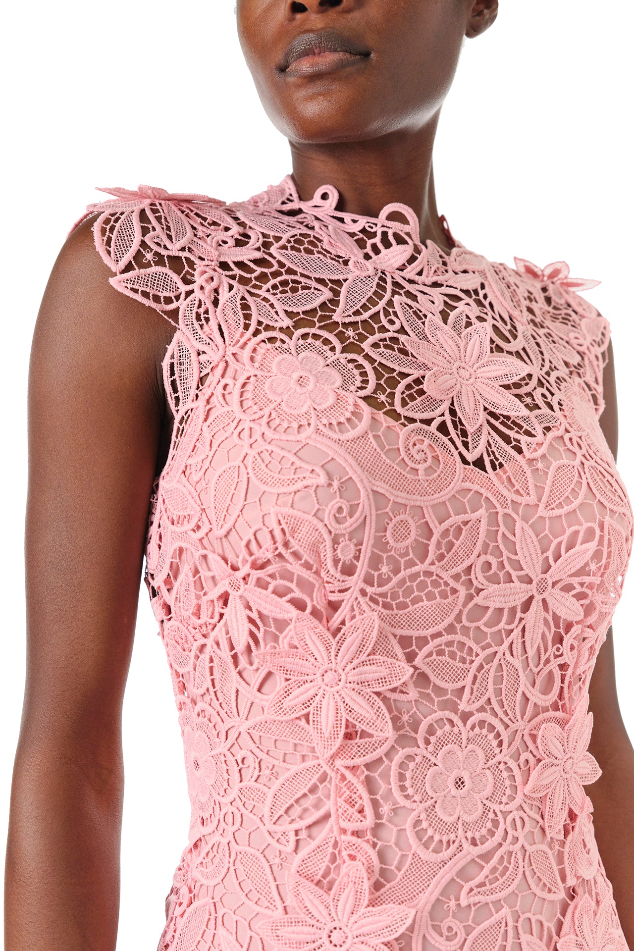 Monique Lhuillier Fall 2024 Sleeveless sheath with jewel neckline in Pink Daisy Guipure Lace - neckline.