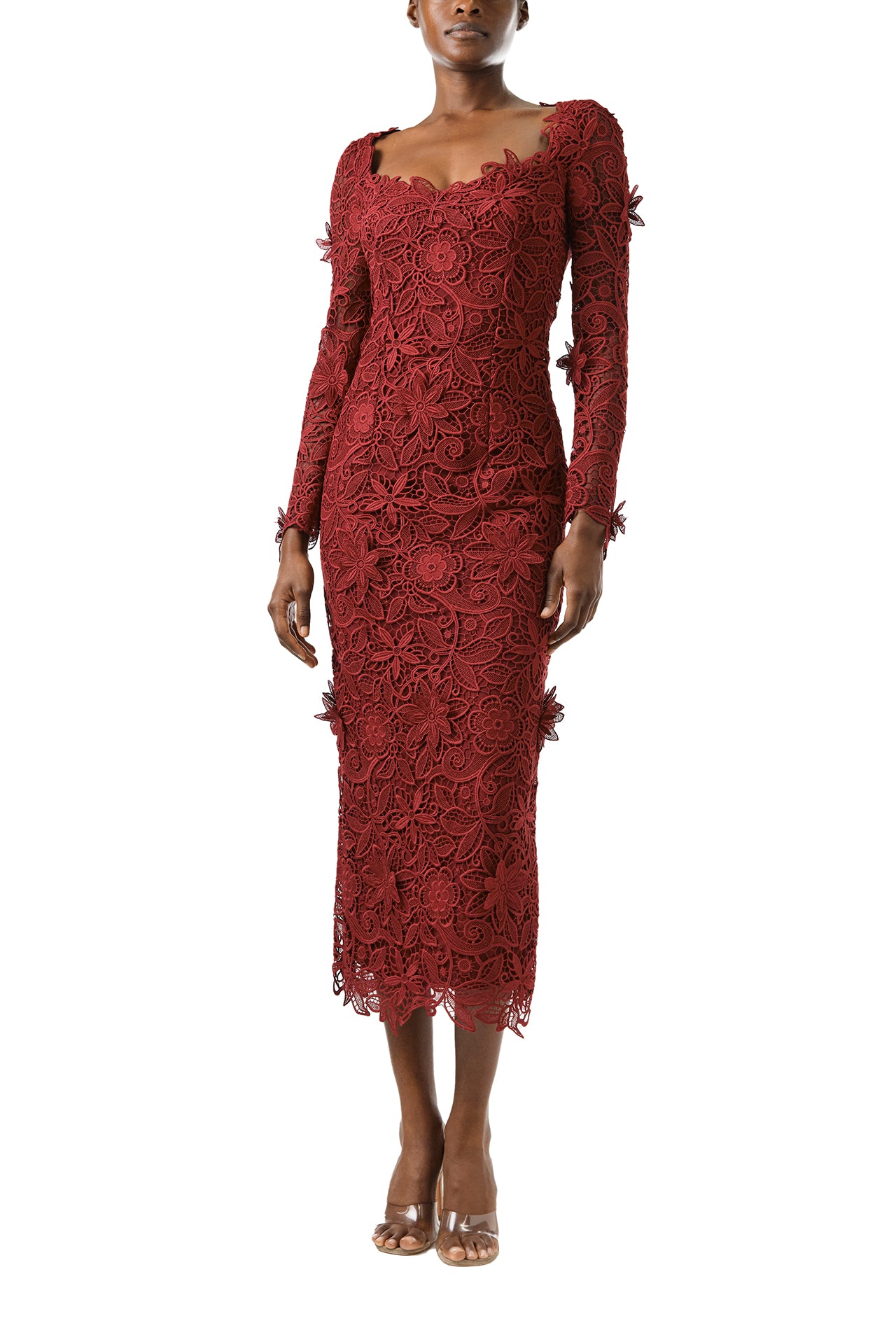 Monique Lhuillier Fall 2024 Long sleeve, scoop neck sheath in Merlot Daisy Guipure lace - front.