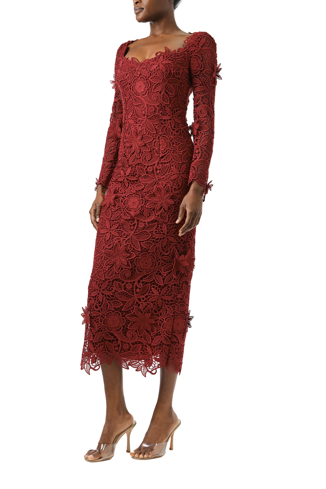 Monique Lhuillier Fall 2024 Long sleeve, scoop neck sheath in Merlot Daisy Guipure lace - side.