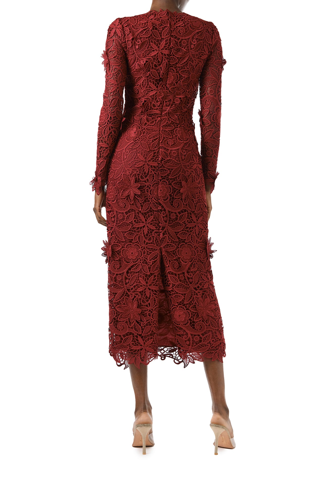 Monique Lhuillier Fall 2024 Long sleeve, scoop neck sheath in Merlot Daisy Guipure lace - back.