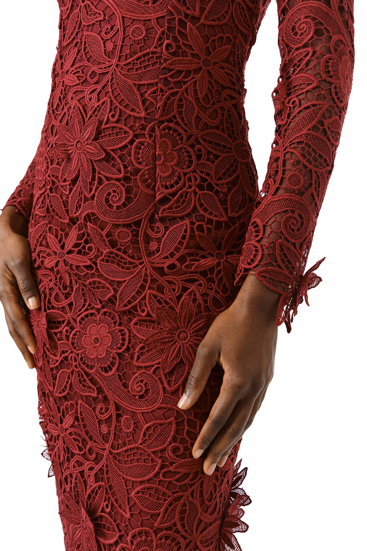 Monique Lhuillier Fall 2024 Long sleeve, scoop neck sheath in Merlot Daisy Guipure lace - fabric detail.