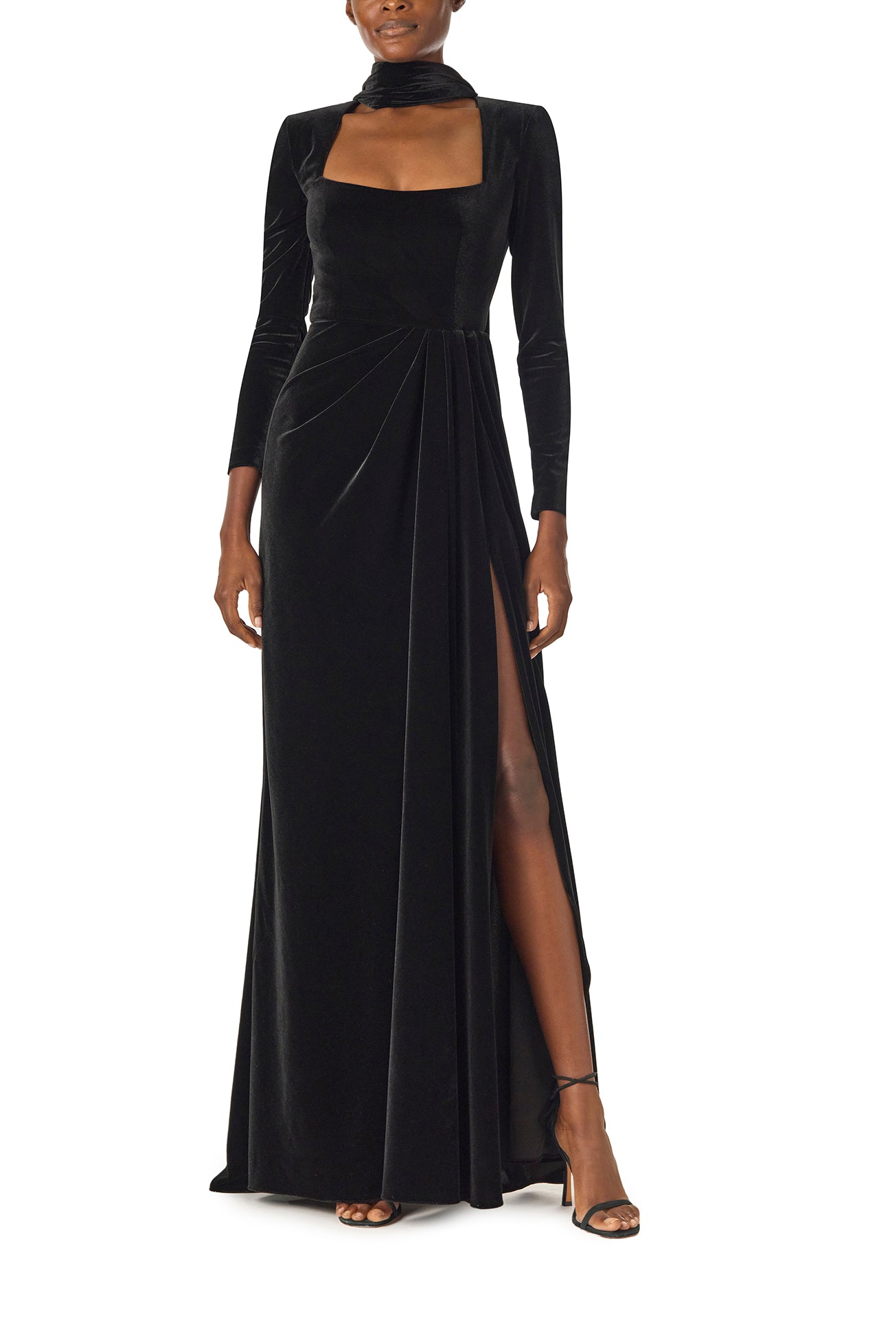 Monique Lhuillier Fall 2024 long sleeve gown with square neckline, front skirt draping and detached neck scarf in noir stretch velour - front.